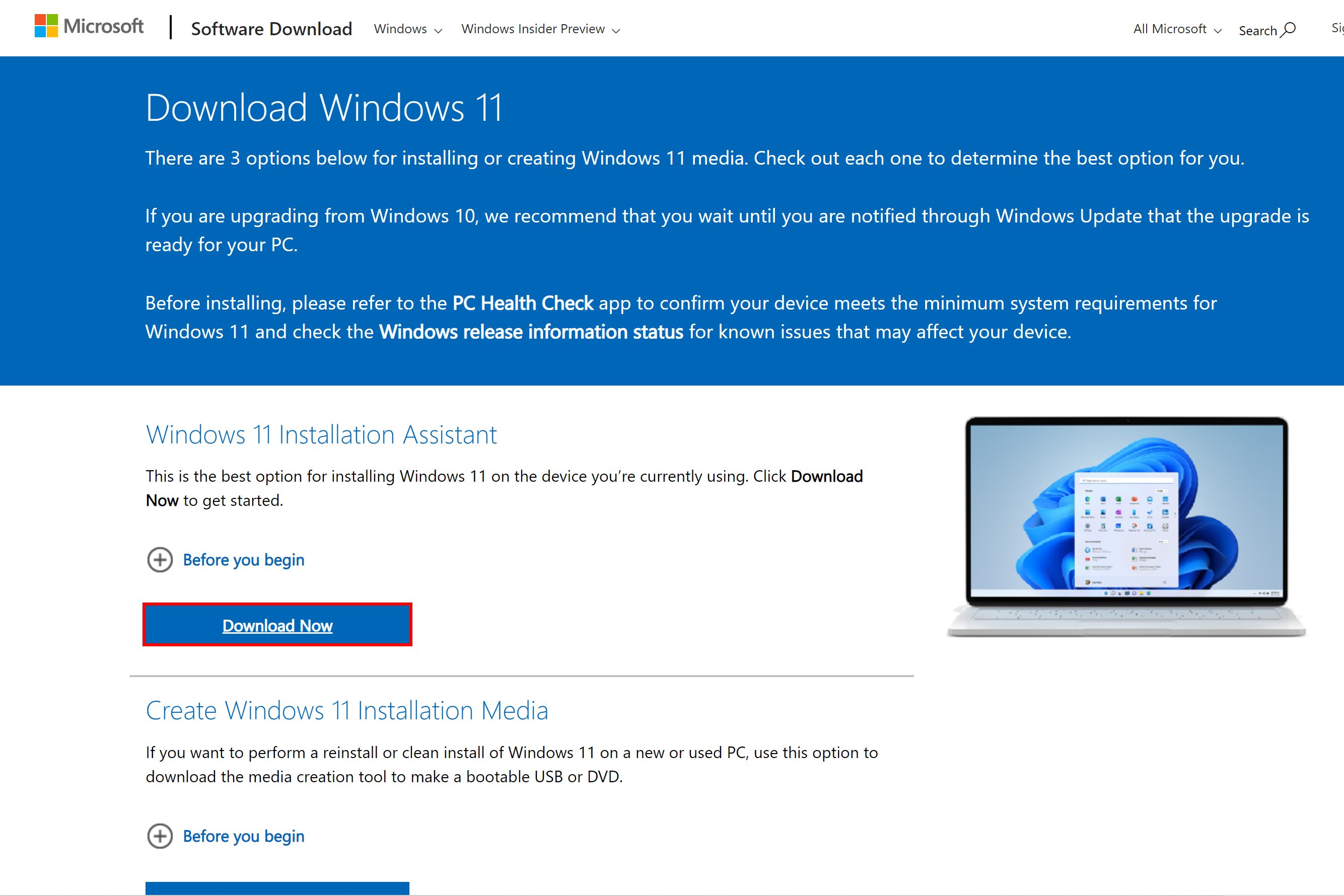 The download now screen for Windows 11 on the Microsoft site