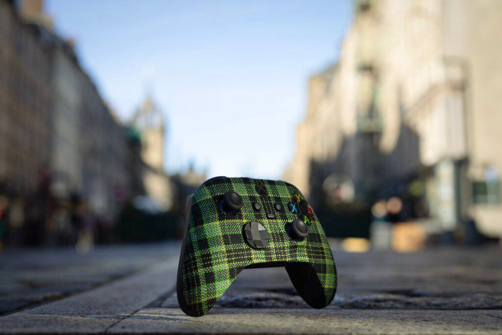 Xbox controller in the Scottish tartan to the 20th anniversary