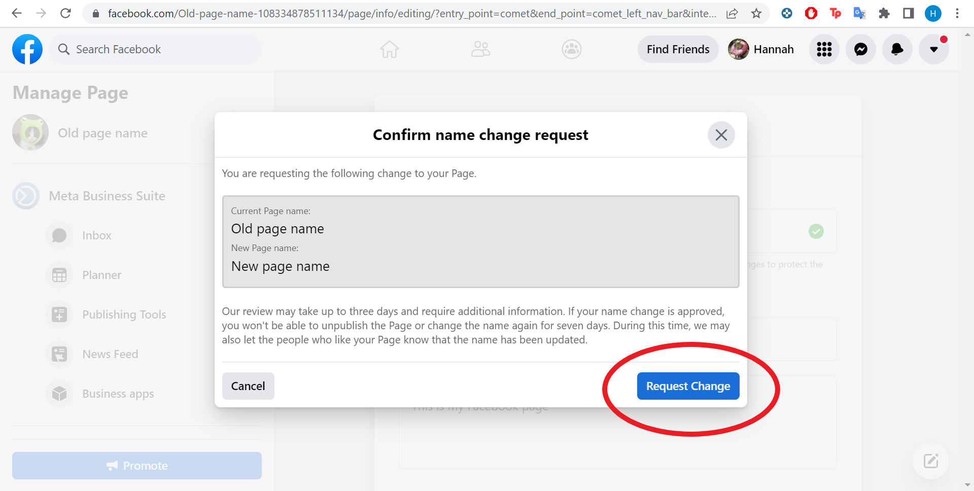 Facebook request name change pop-up