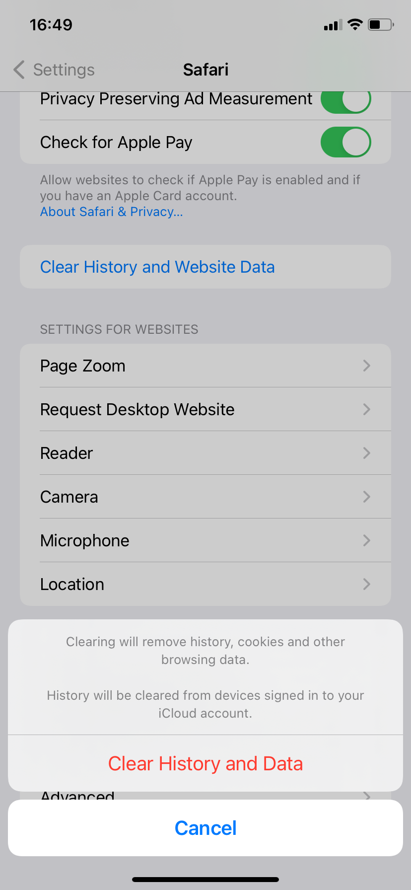 Clear History and Data on Safari