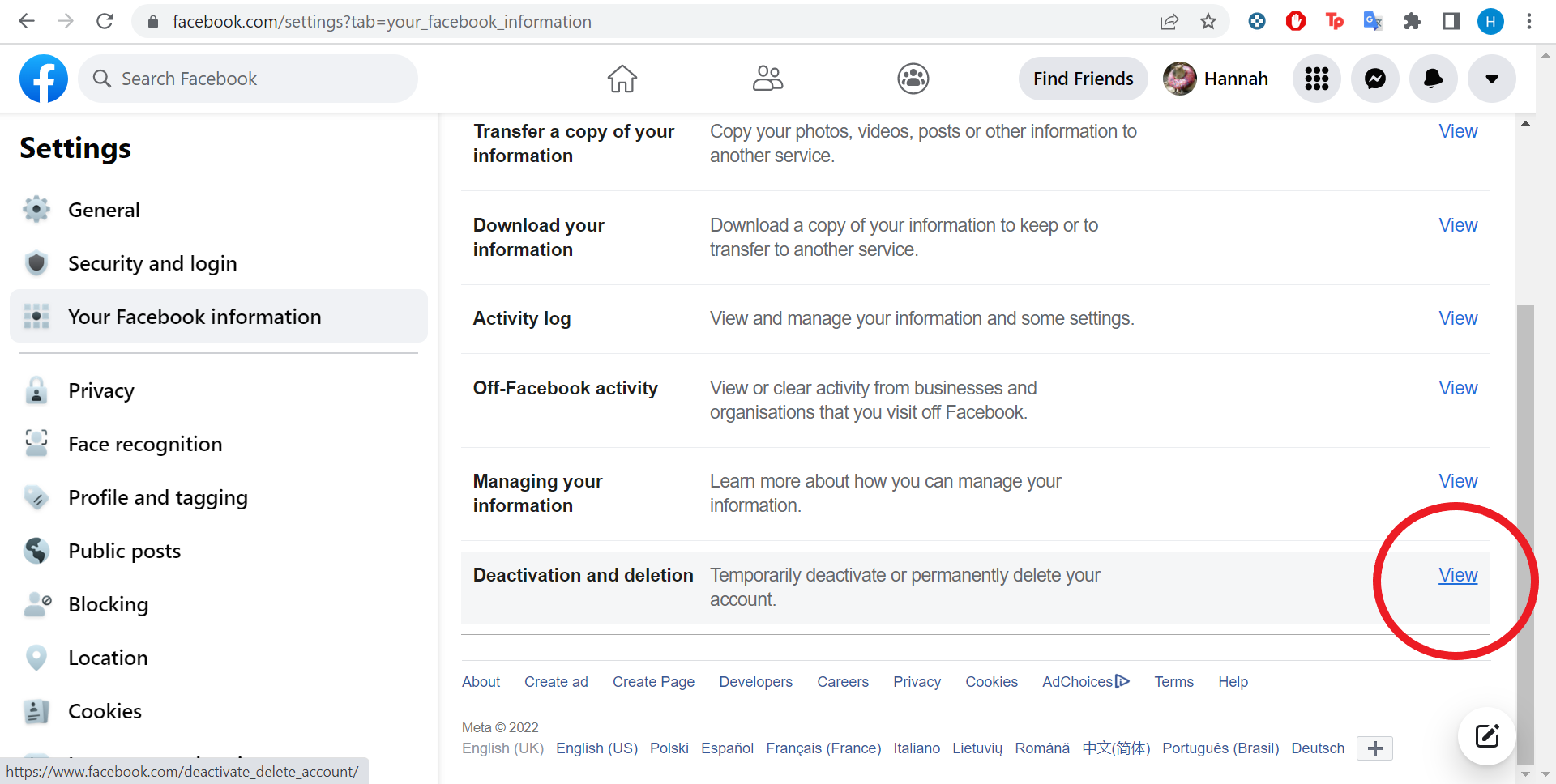 Facebook deactivation and deletion options