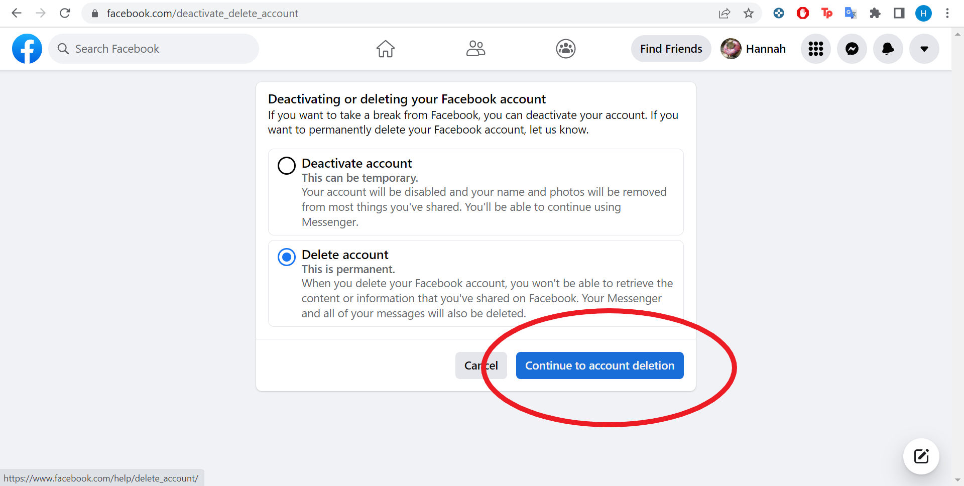 Facebook delete account