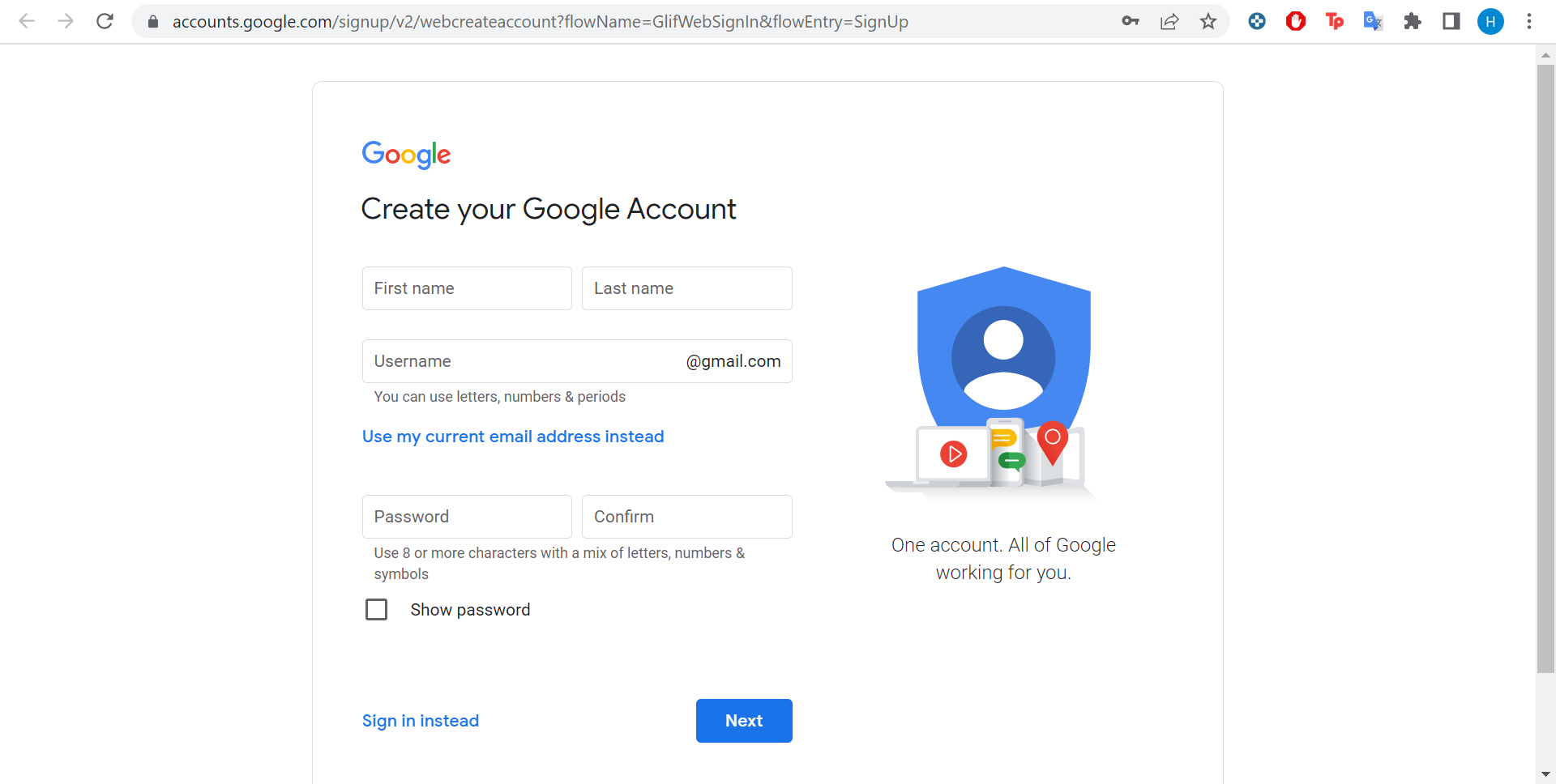 Google account sign up page