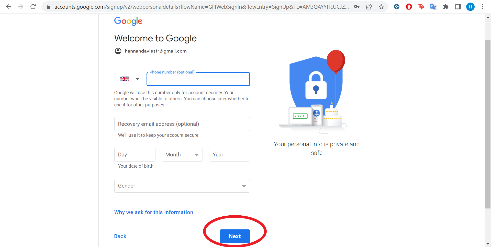 Google account sign up page
