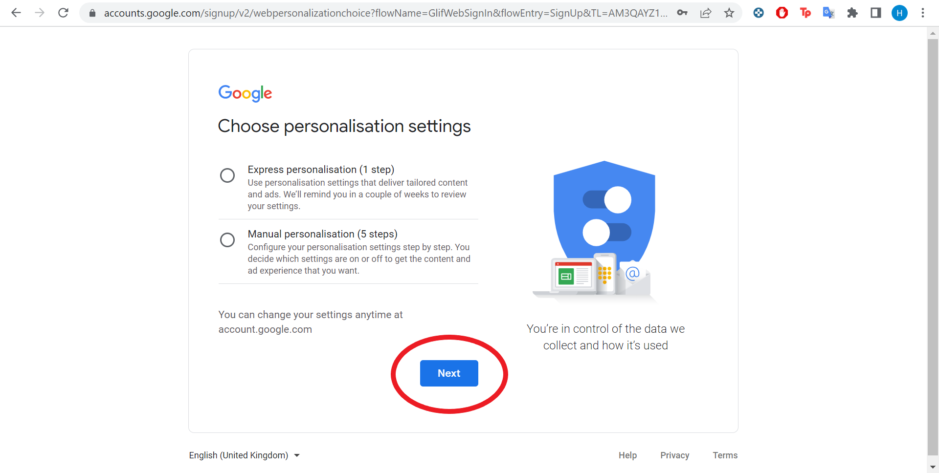 Google account manage personalisation settings
