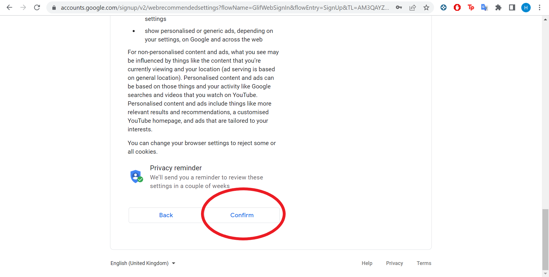 Google account confirm personalisation settings
