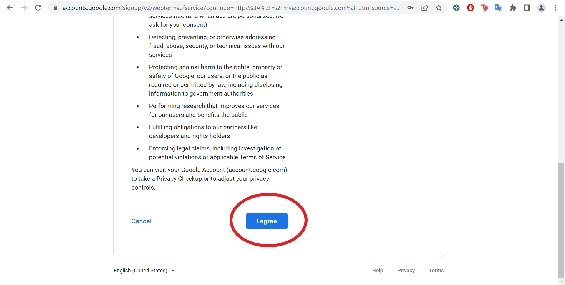 Google account privacy policy and terms of service