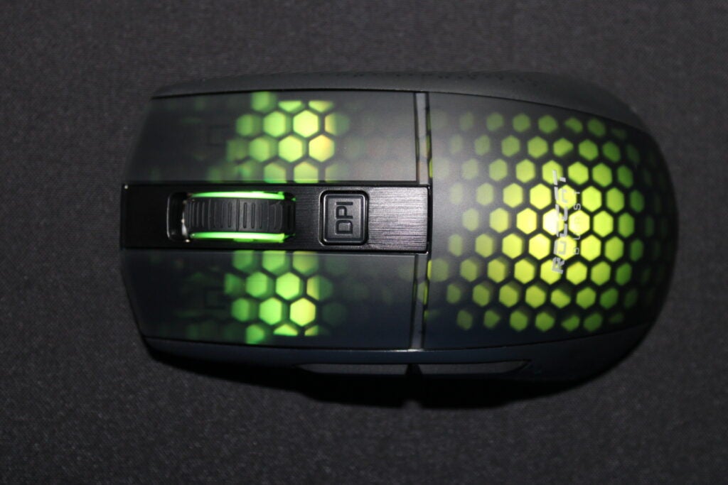 Roccat Burst Pro Air gaming mouse with honeycomb design and RGB lighting.