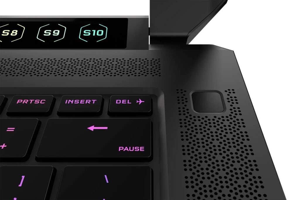 The Corsair Vogayer laptop the s-key board on the top