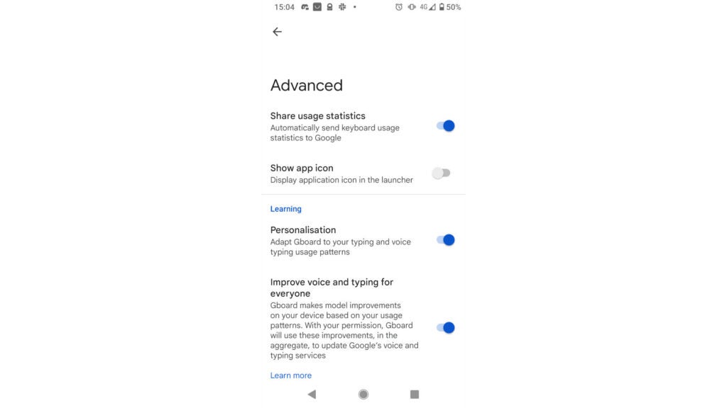 Gboard Advanced Settings menu on Android
