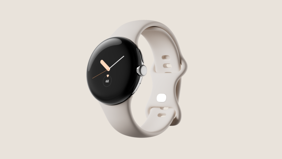 The Pixel Watch with a white strap
