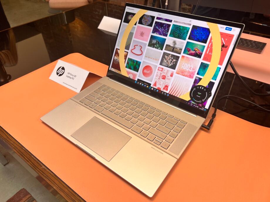 The HP Envy 16-inch laptop at a press event