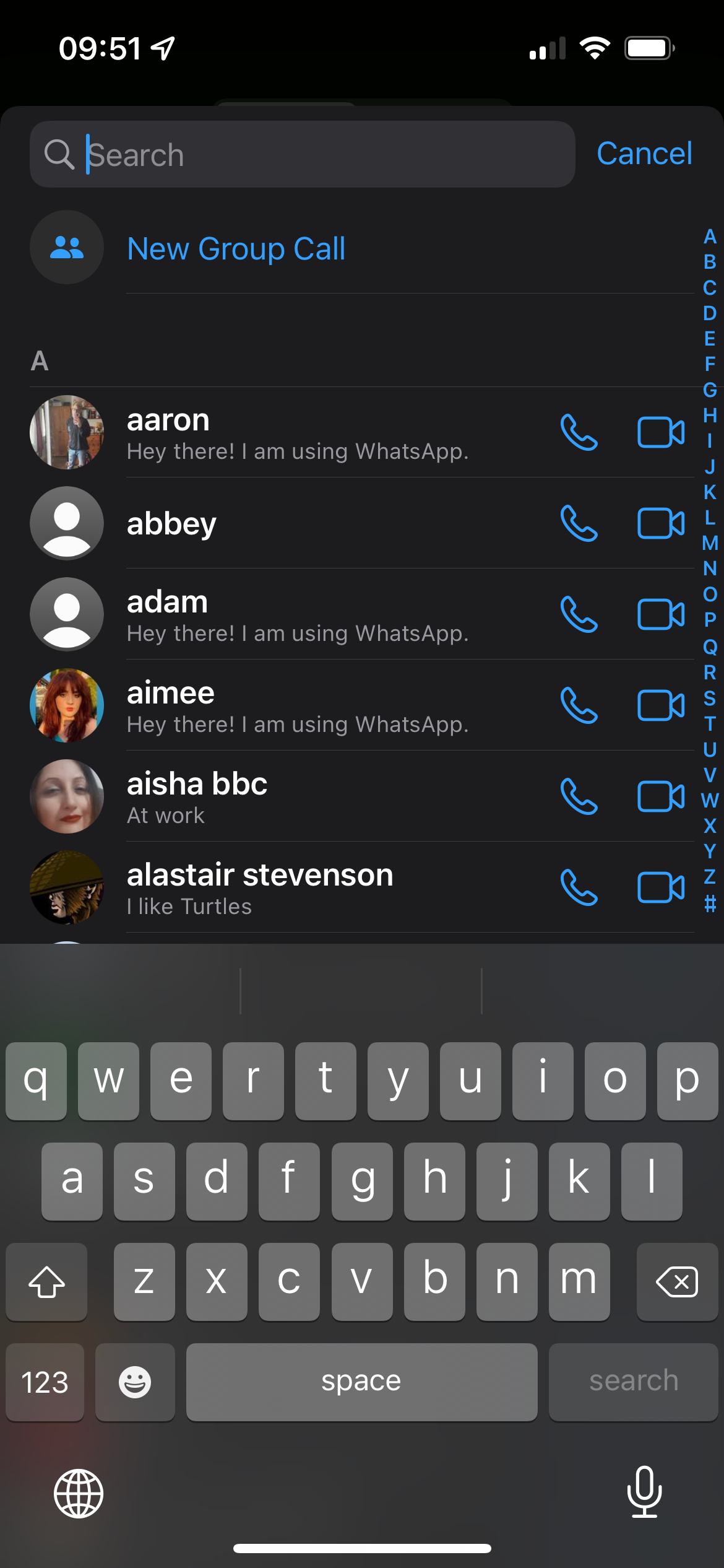 Search for the person you want to call in WhatsApp