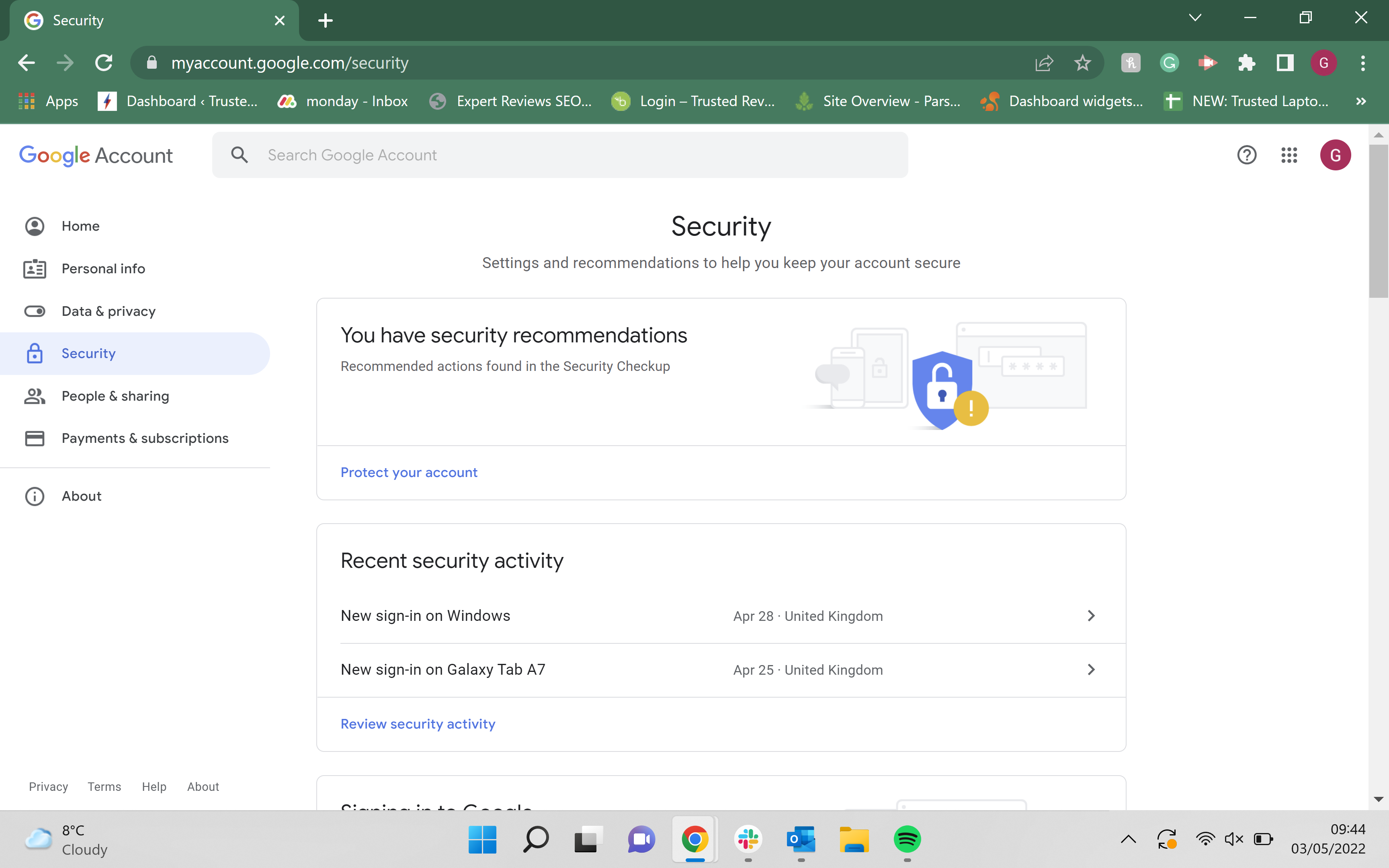 The security page in Google account