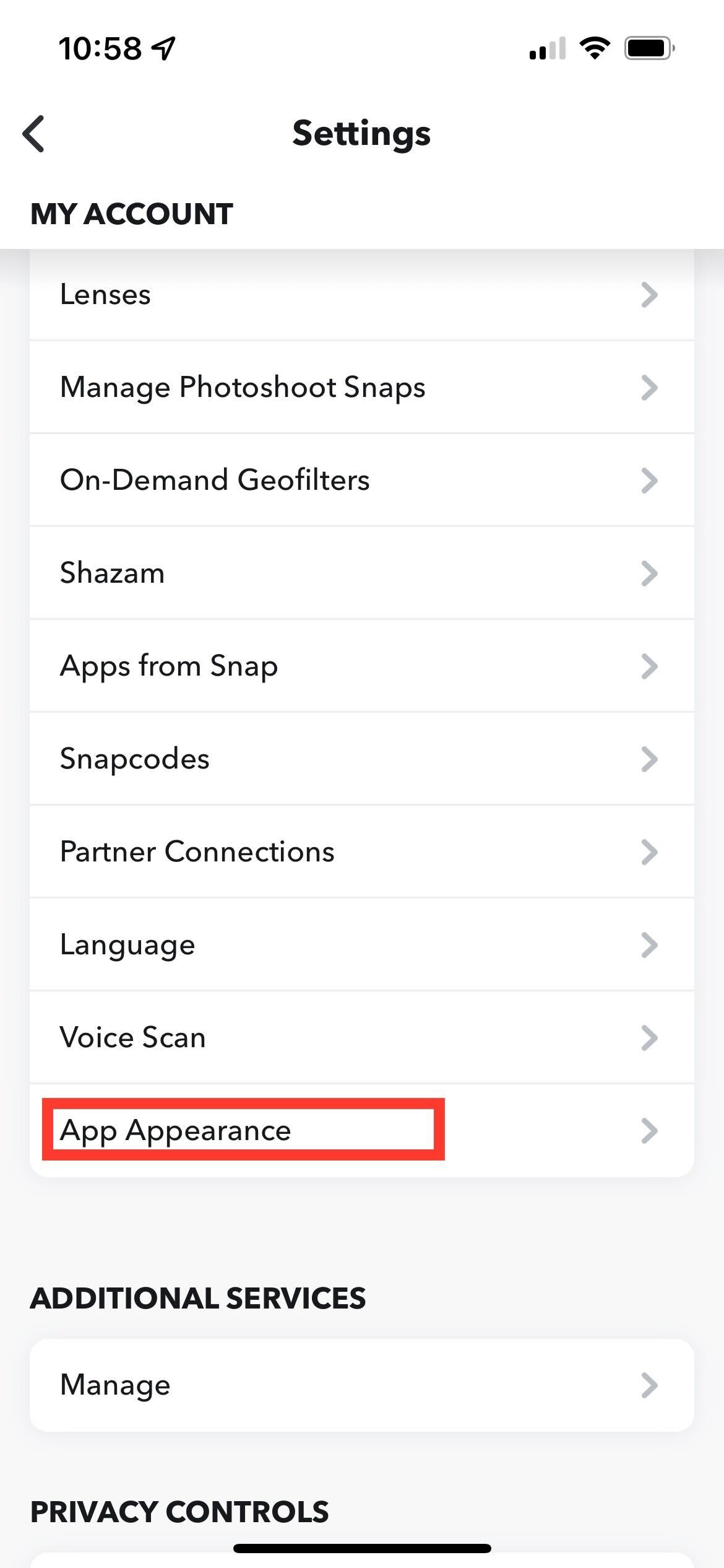 Klicken Sie auf App Appereance, um fortzufahren
