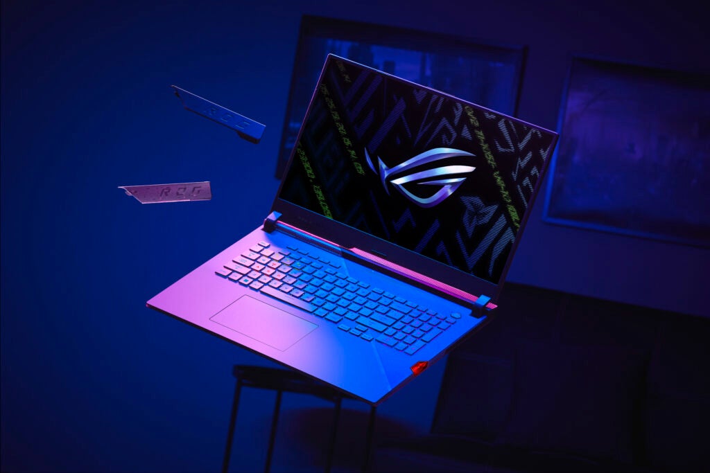 The screen of the ROG Strix Scar 17 laptop in a dark room