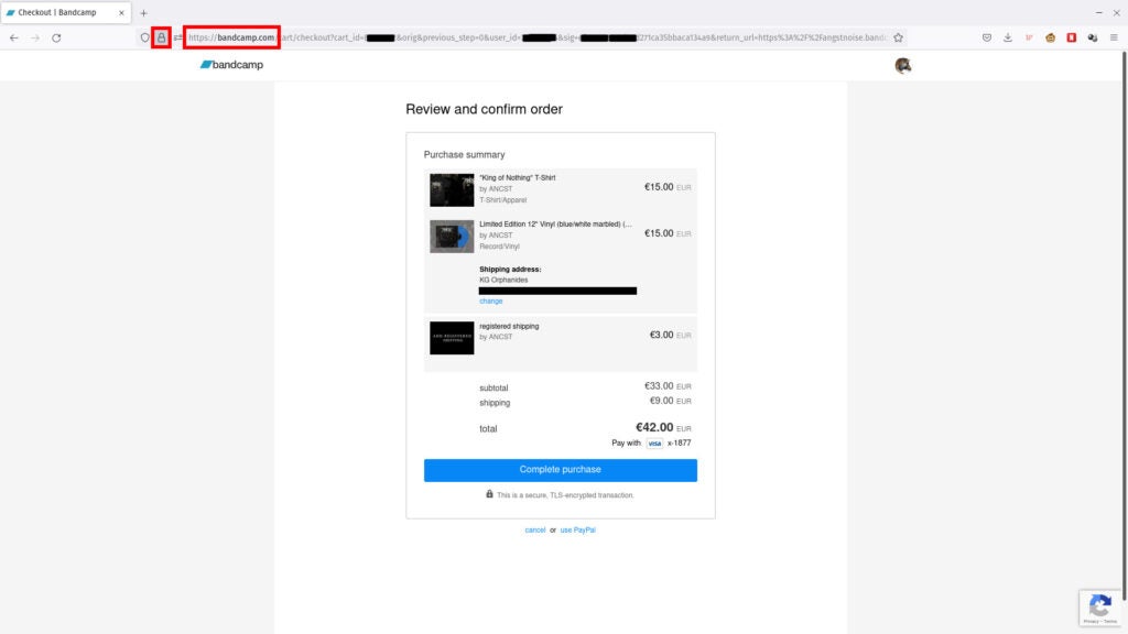 Bandcamp purchase page highlighted to show key purchase security elements