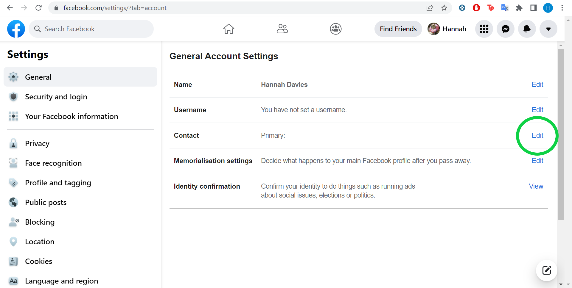 Facebook general account settings