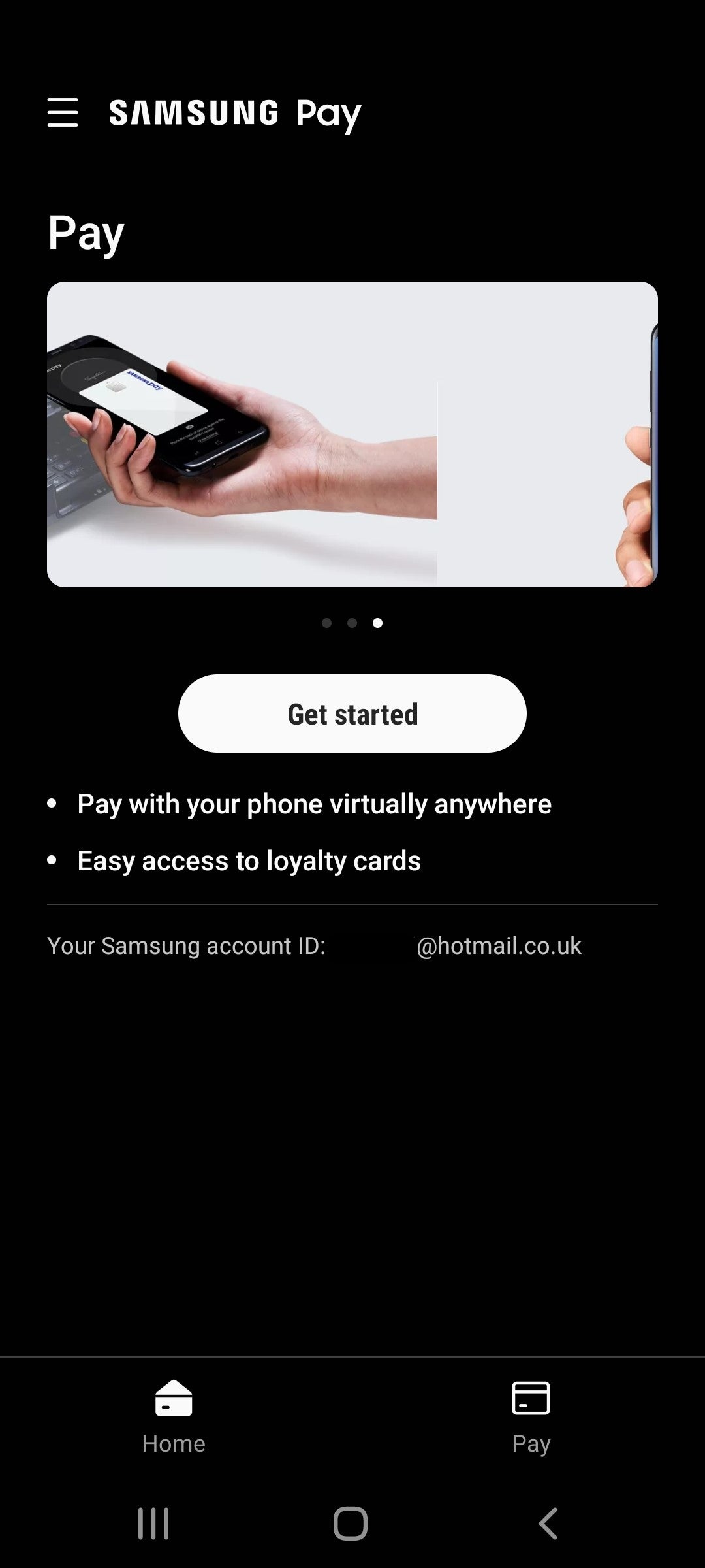 صفحة تسجيل الدخول إلى Samsung Pay