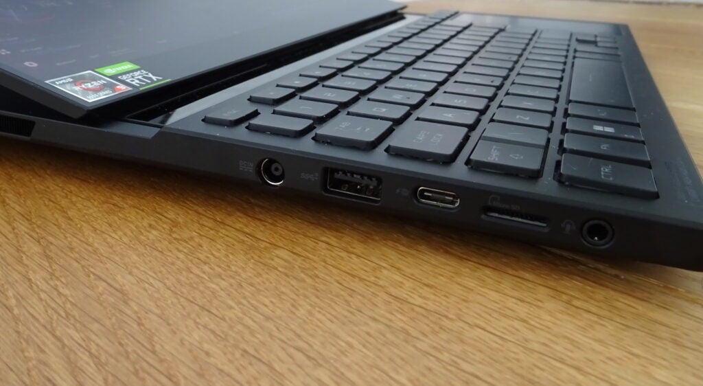 The Asus ROG Zephyrus Duo 16 ports on the side of the laptop