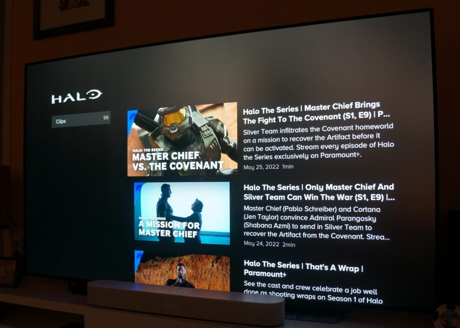 TV screen displaying Halo series options on Paramount Plus.
