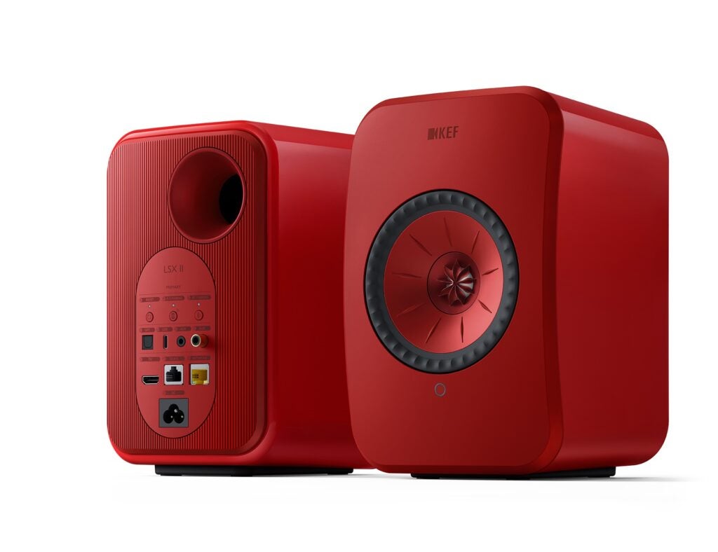 KEF LSX II front and back lava red