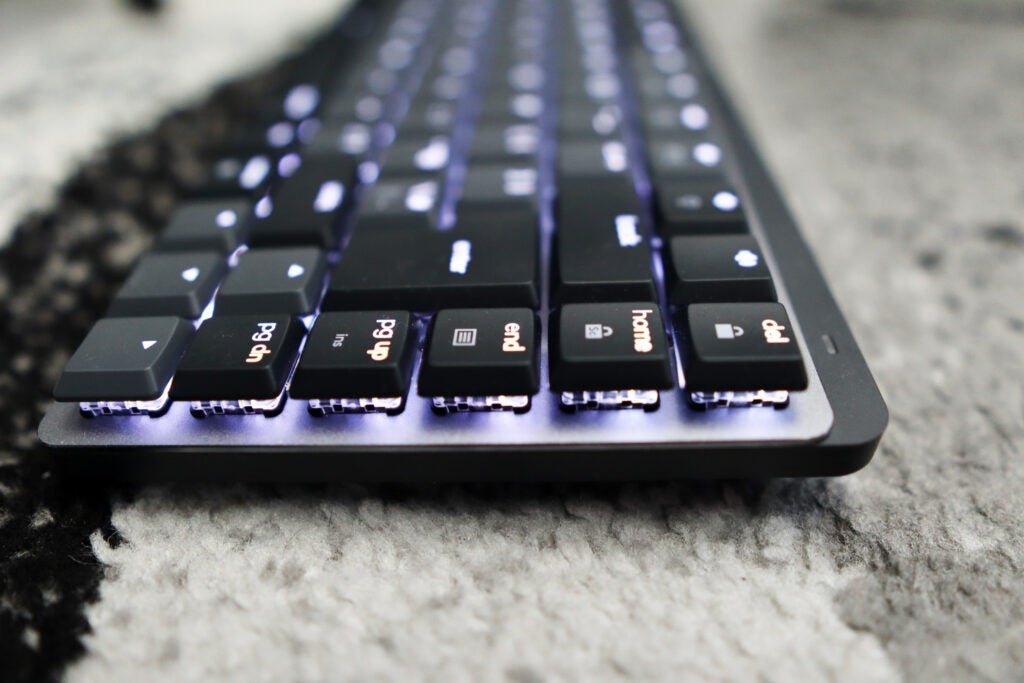 The white backlight of the Logitech MX Mechanical Mini Keyboard