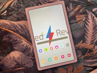 The Samsung Galaxy Tab A7 tablet in portrait mode with the TR logo