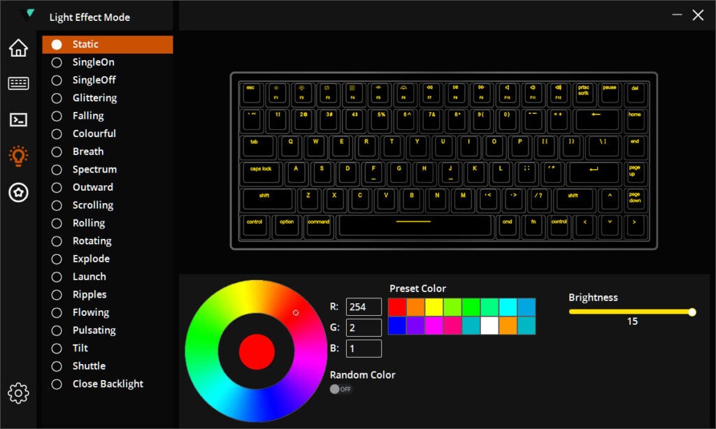 RGB lighting options using the Windows software