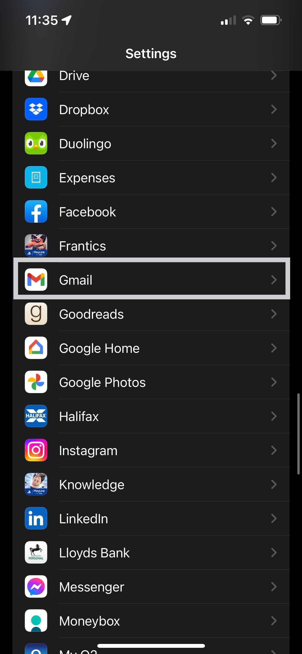 Gmail app in Settings on iOS