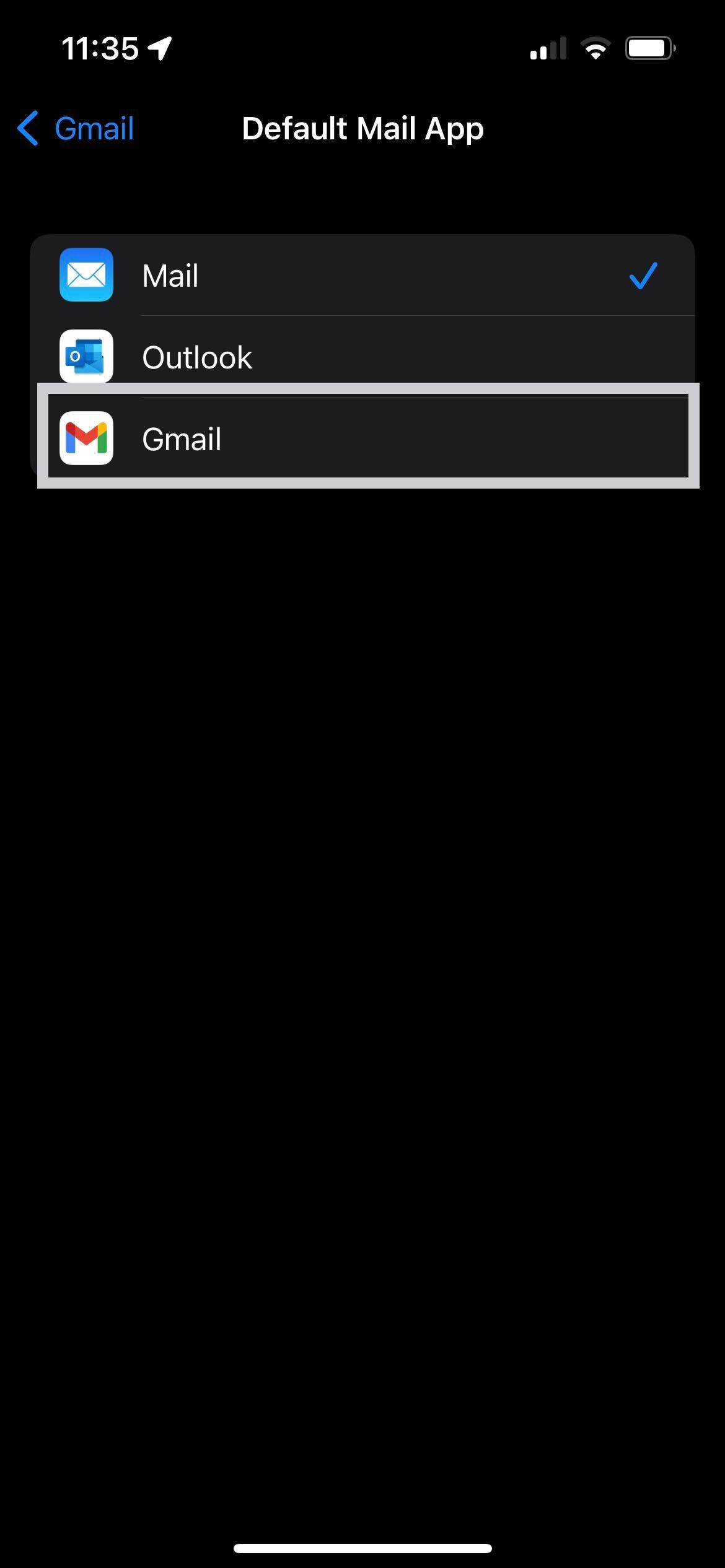 Choosing Gmail as a Mail App in iOS