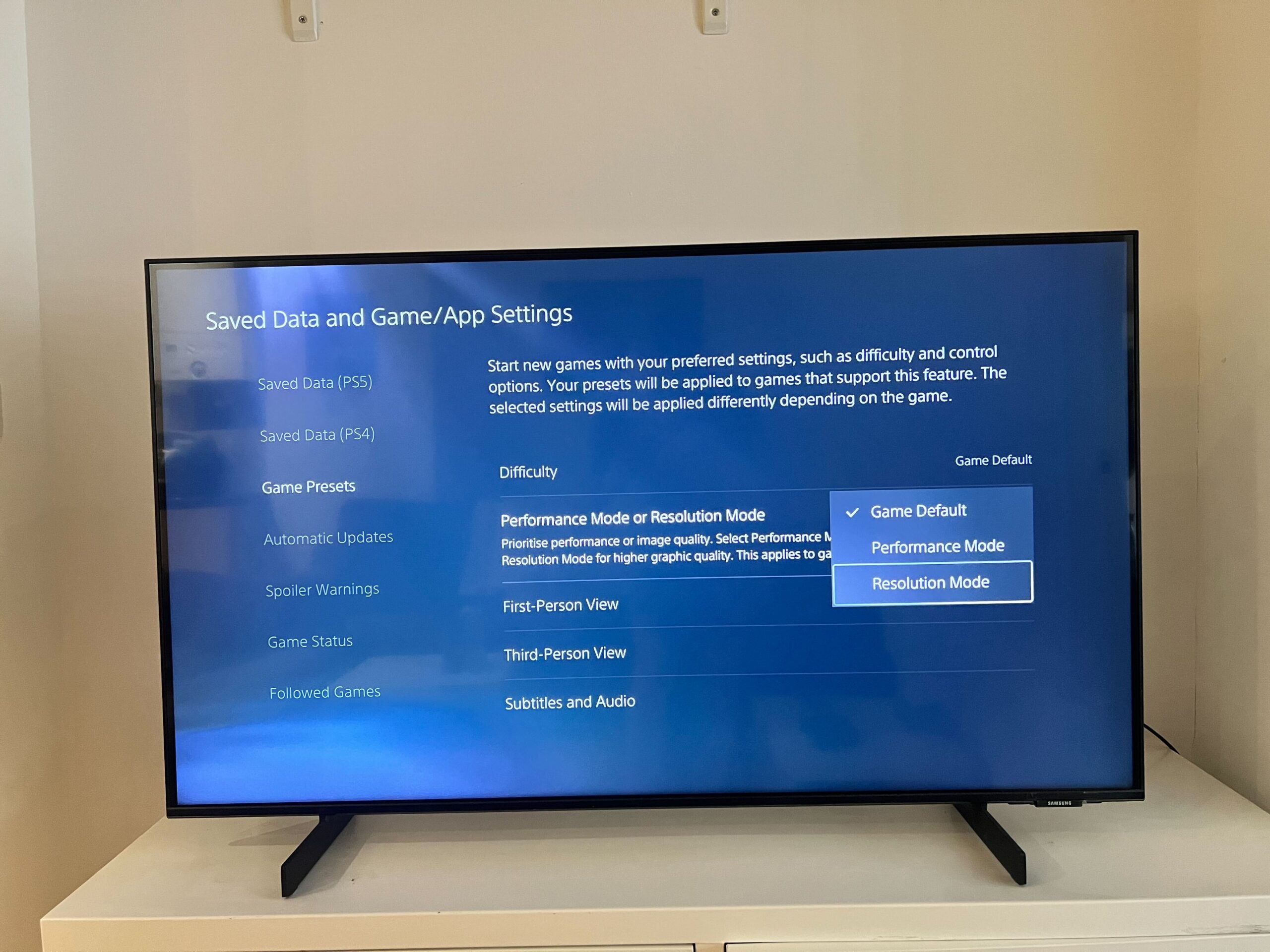 Clicking on the Modes in Settings ps5