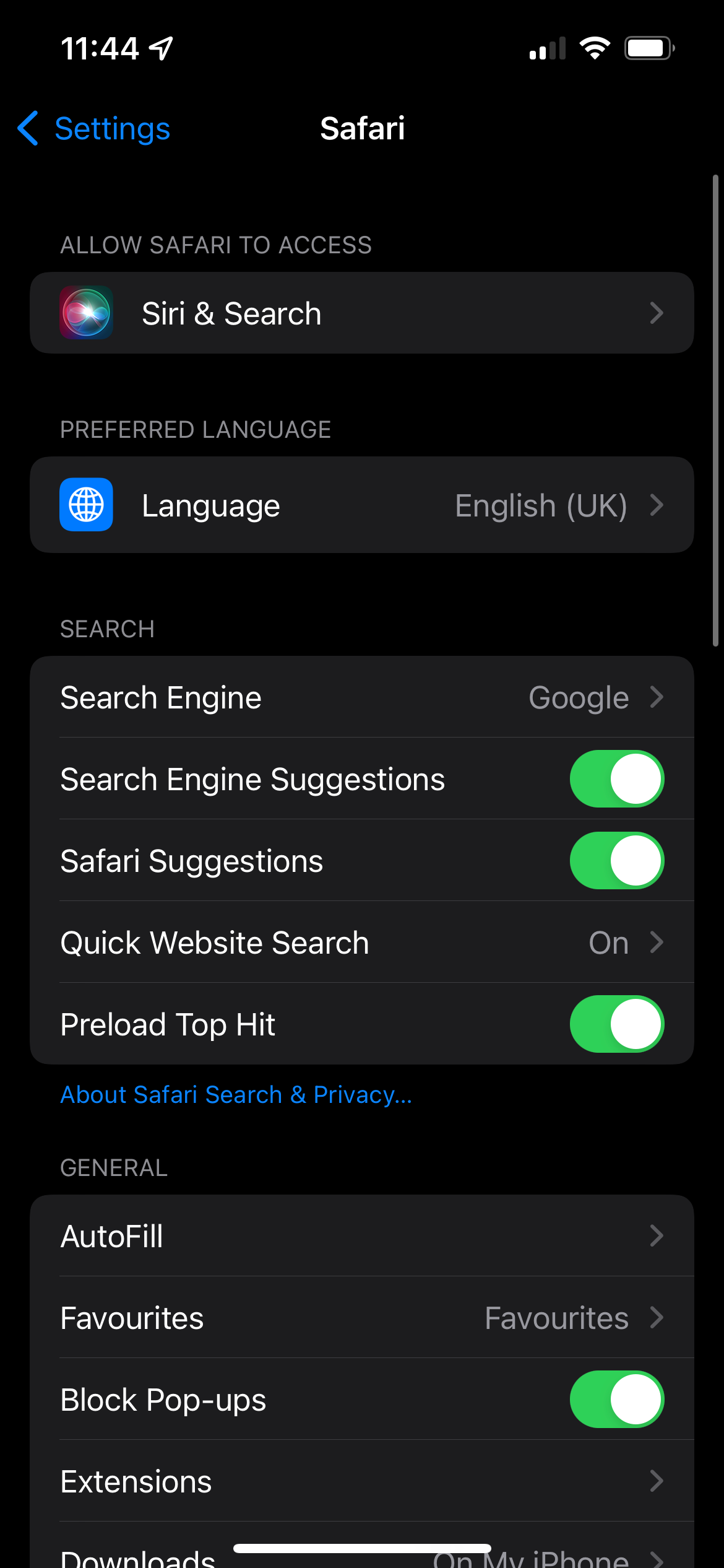The safari app in settings