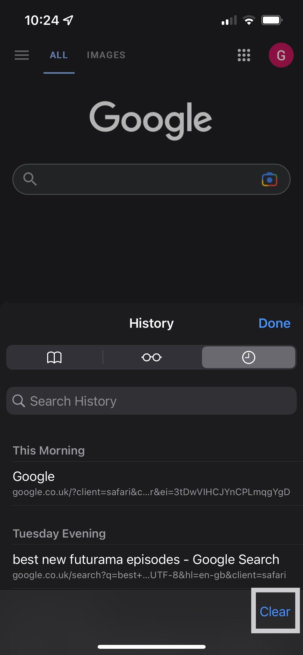 Clear all history button on iOS