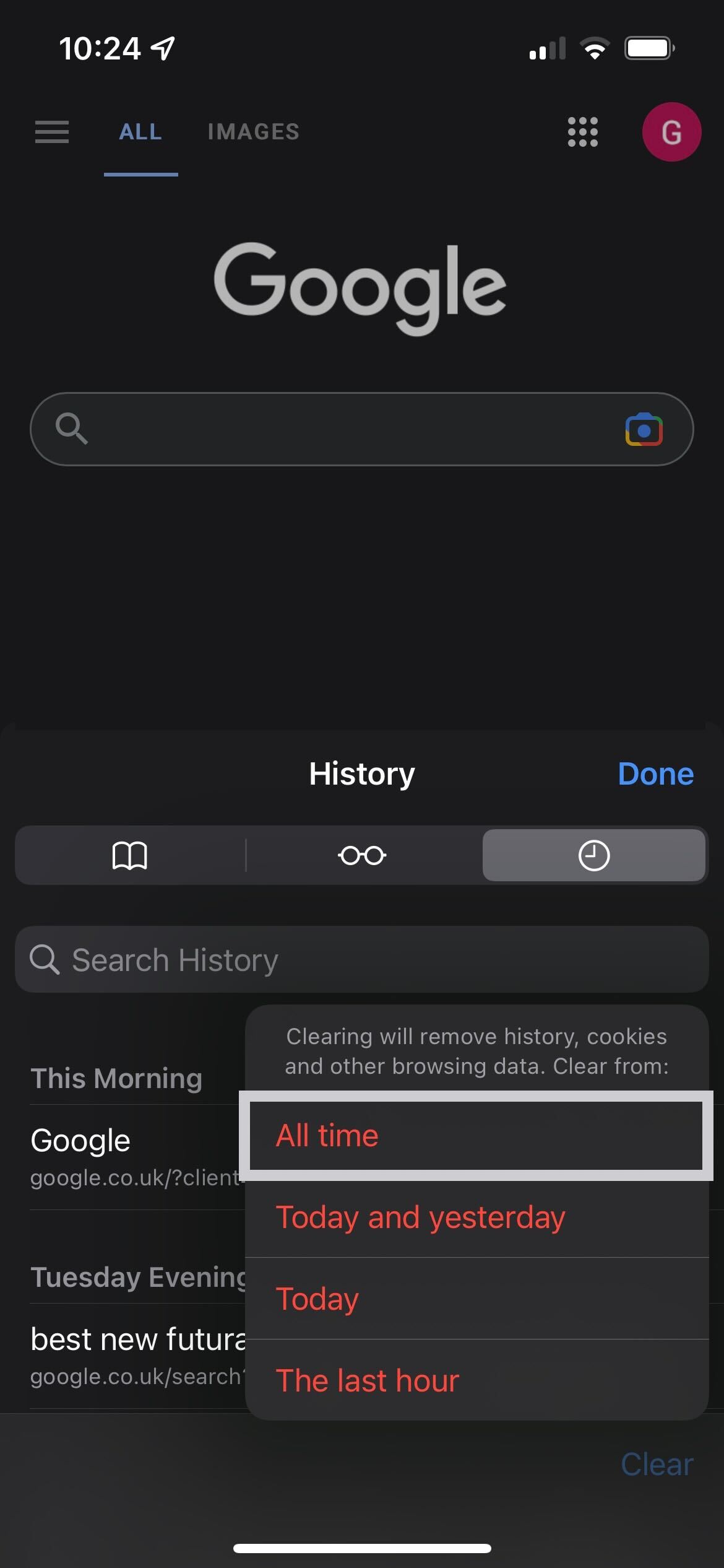 Clear all data on browsing history screen