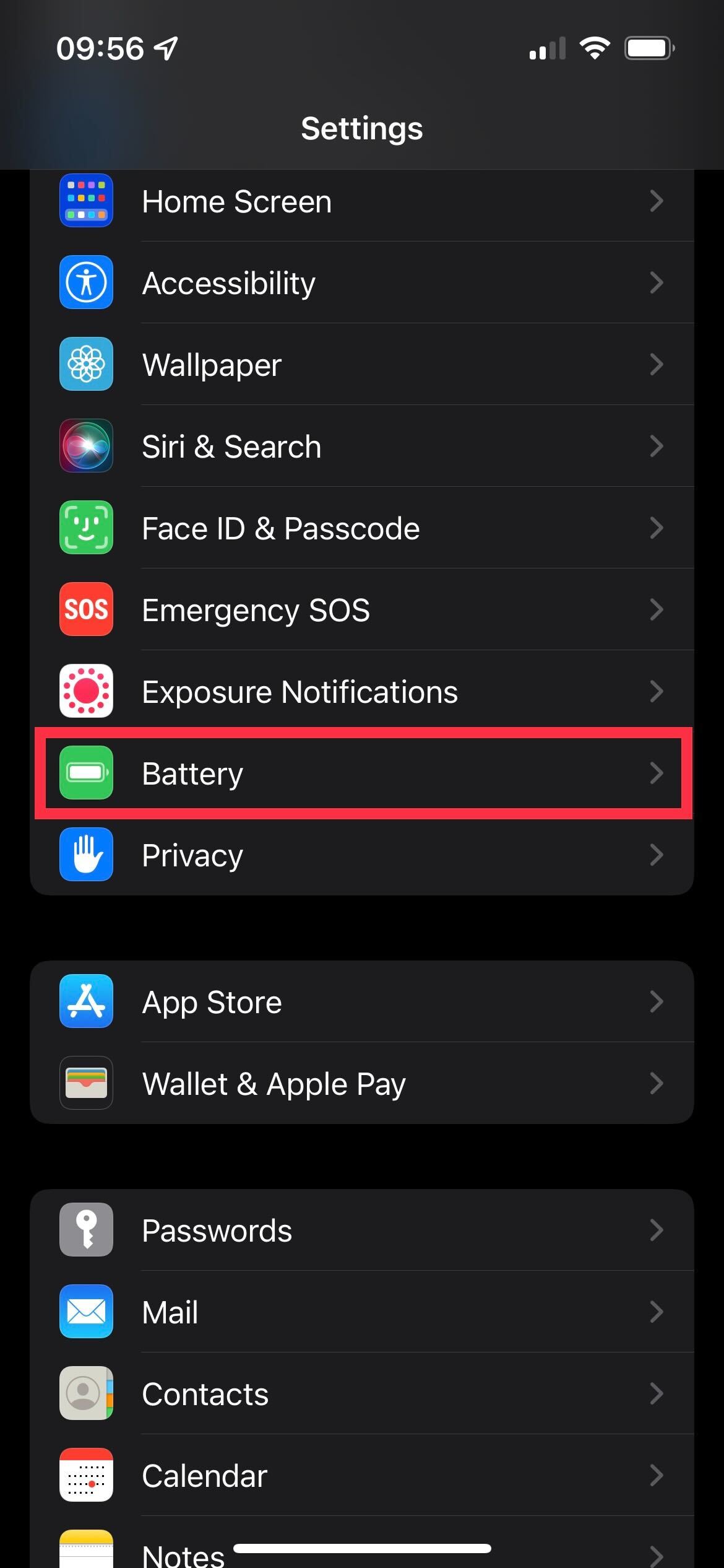 The battery setting in the Settings app