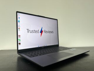 The Huawei MateBook D 16 with a TR background