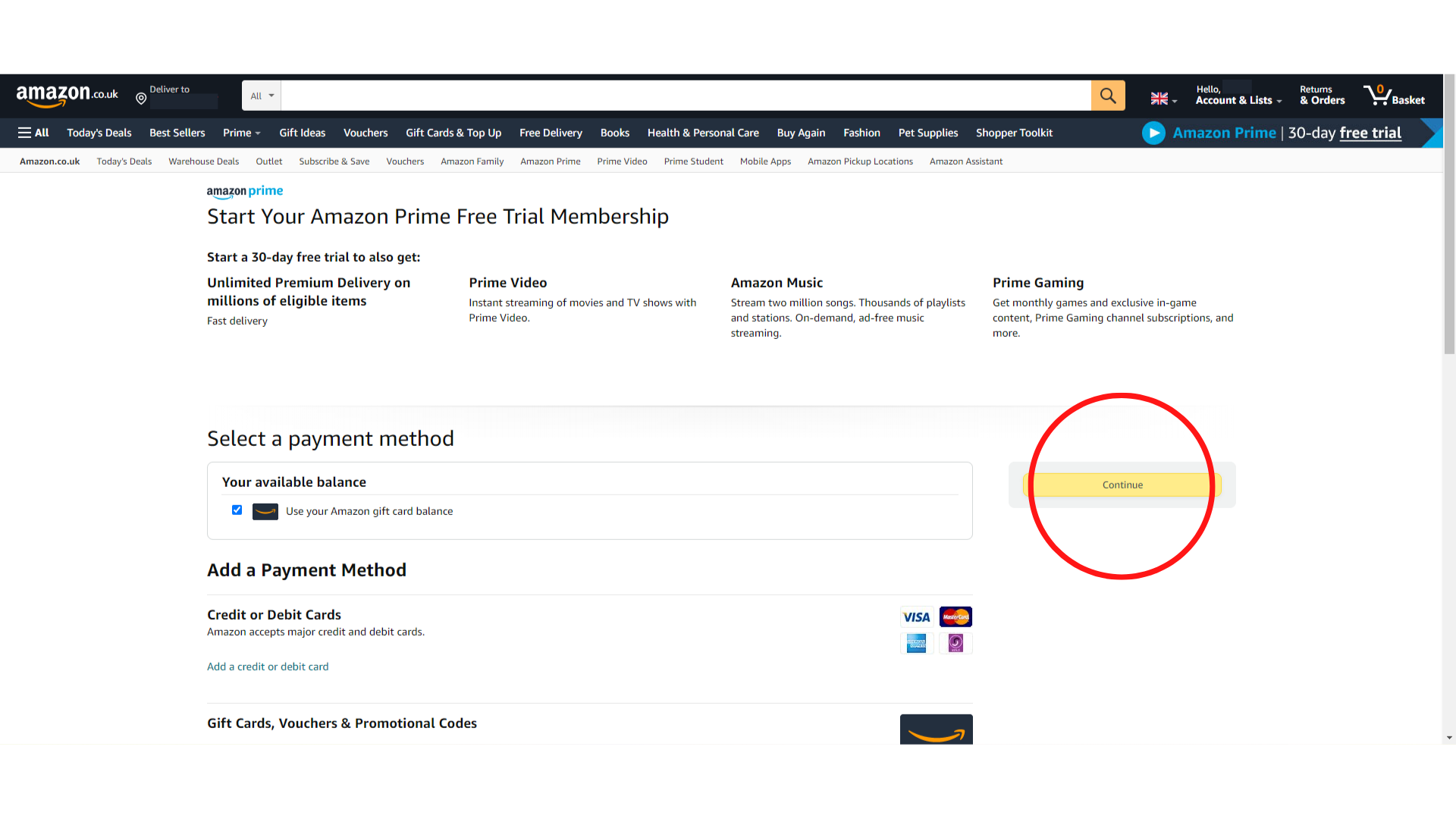 Put your credit/debit card details in to sign up to Amazon Prime