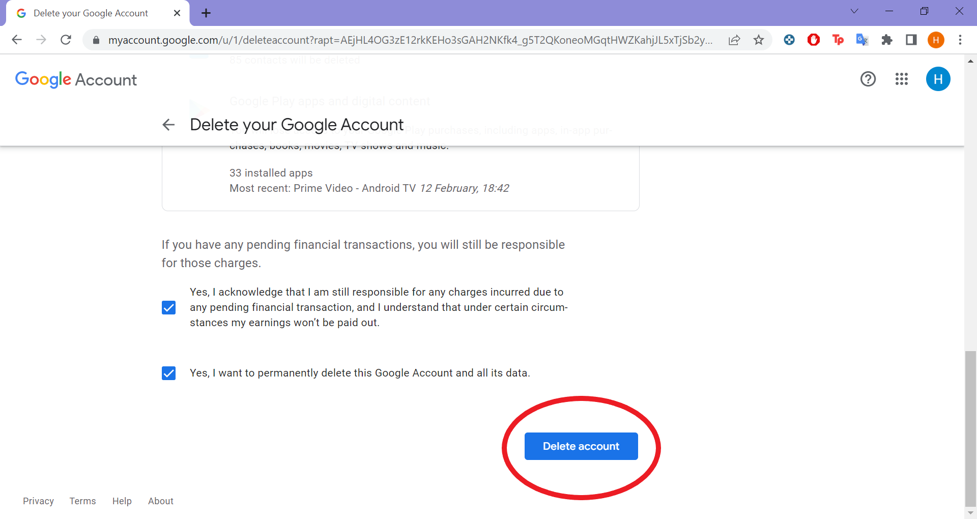 how to delete a google account