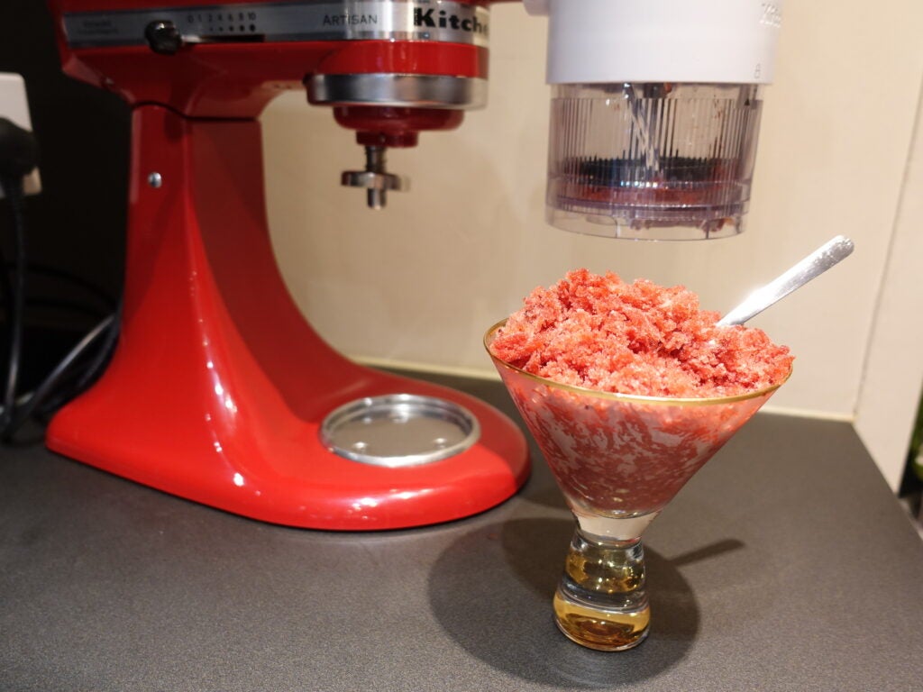 Frozen berry smoothie shaved with the fine blade on the KitchenAid Shave Ice Attachment