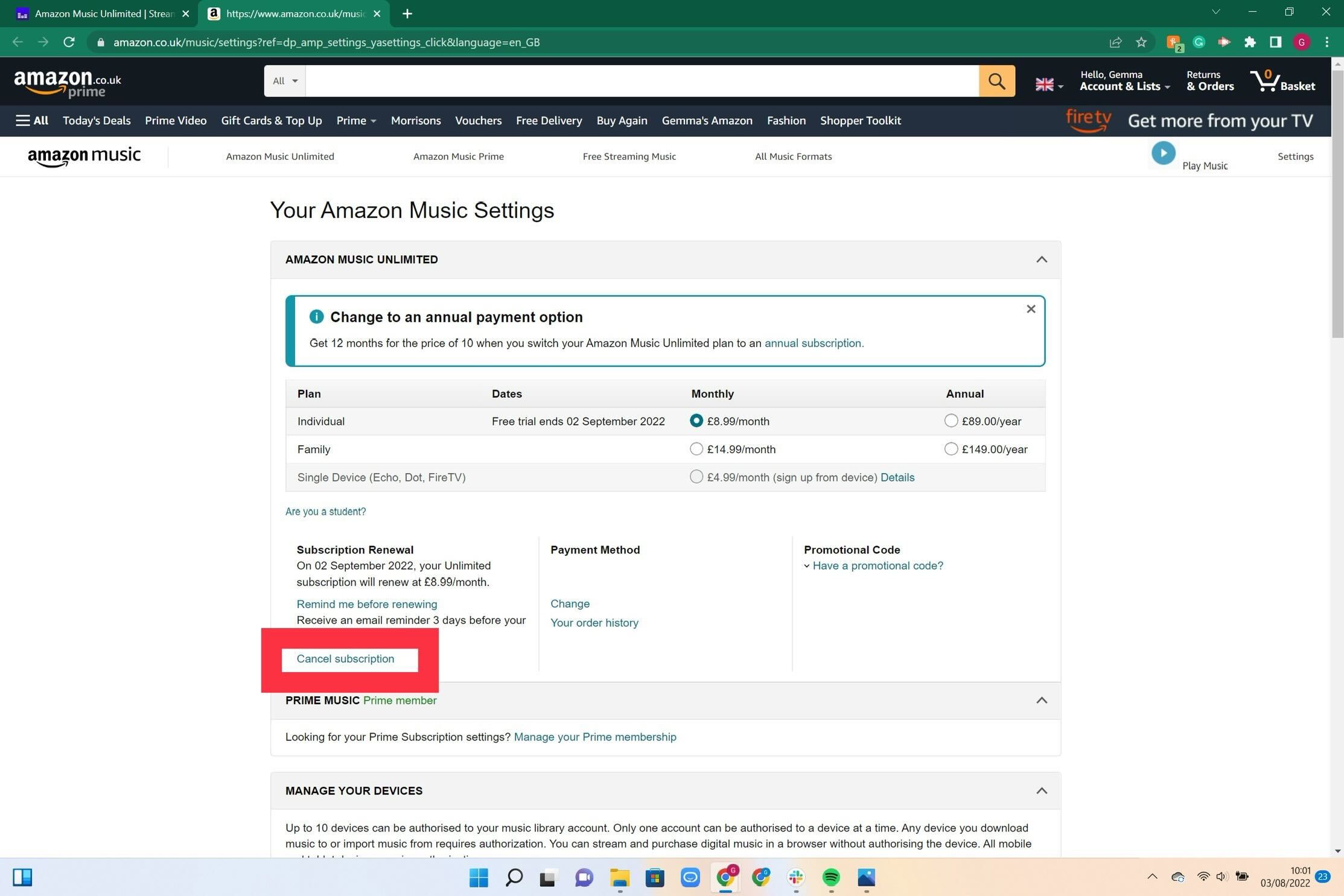 The billing options on Amazon Music Unlimited