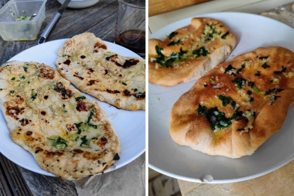 garlic naan bread cooked in the Cosori Air Fryer (Left) and two cooked in a pan (right)
