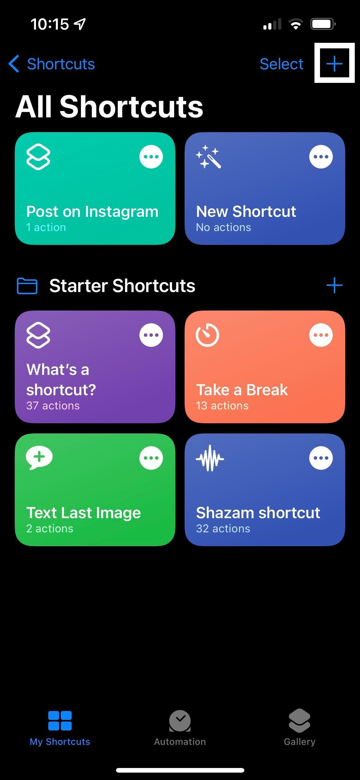 The start of the Shortcuts app on iOS