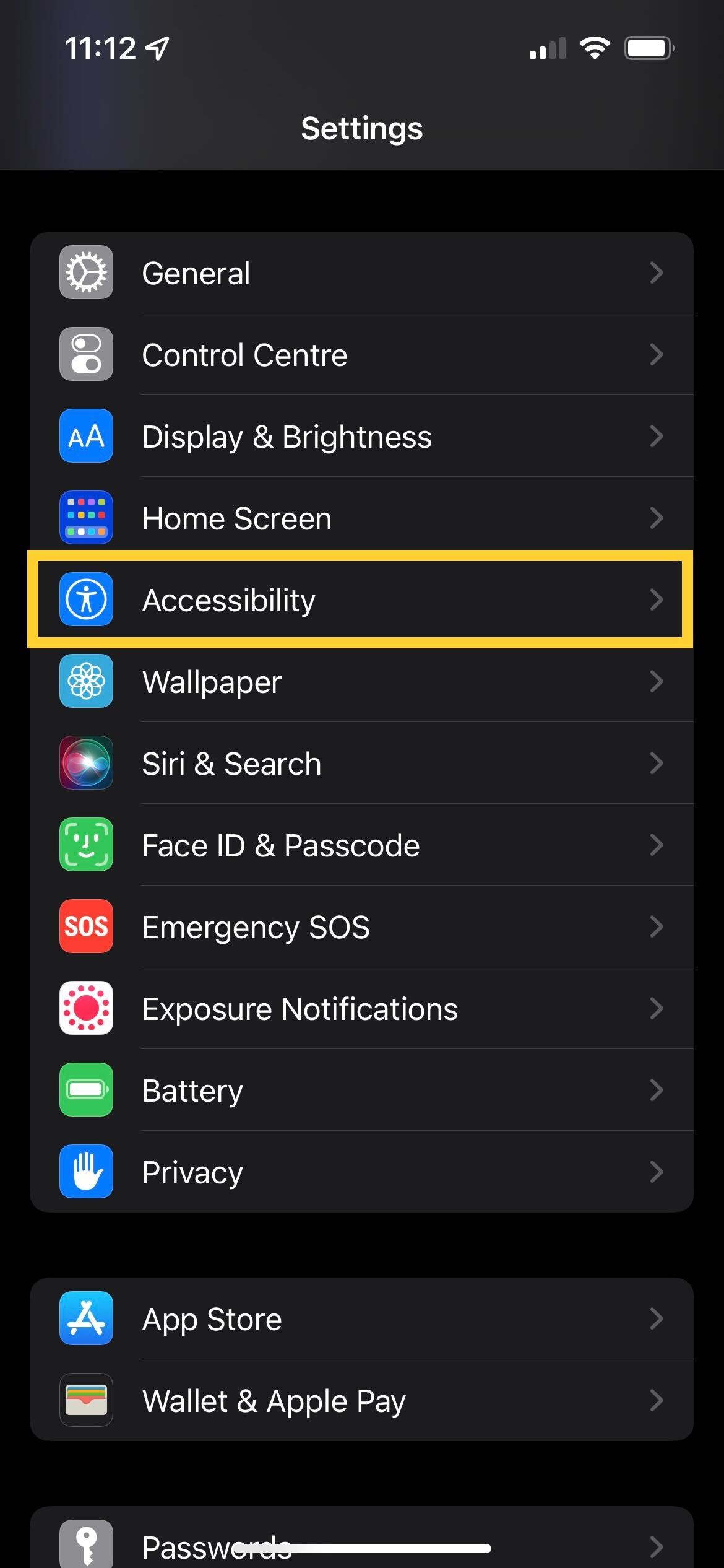 The accessibility button in iOS settings
