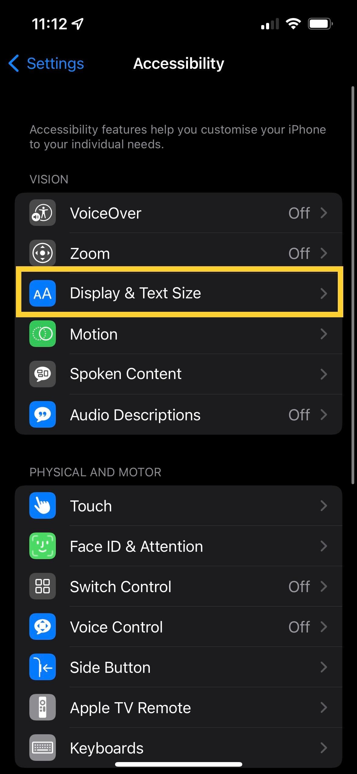 Die Display- und Text-Schaltfläche unter iOS