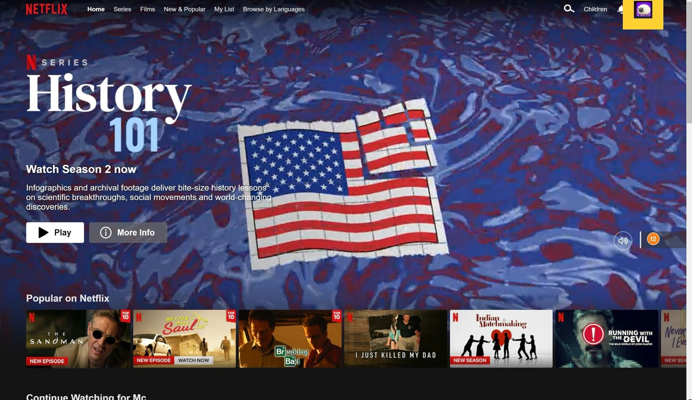 The netflix home page