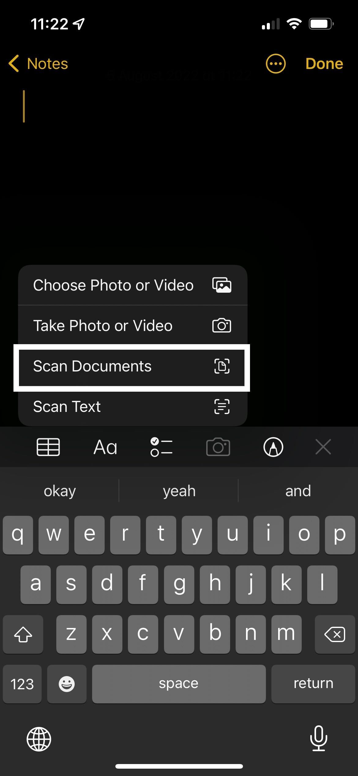 The Scan Documents button in Notes app