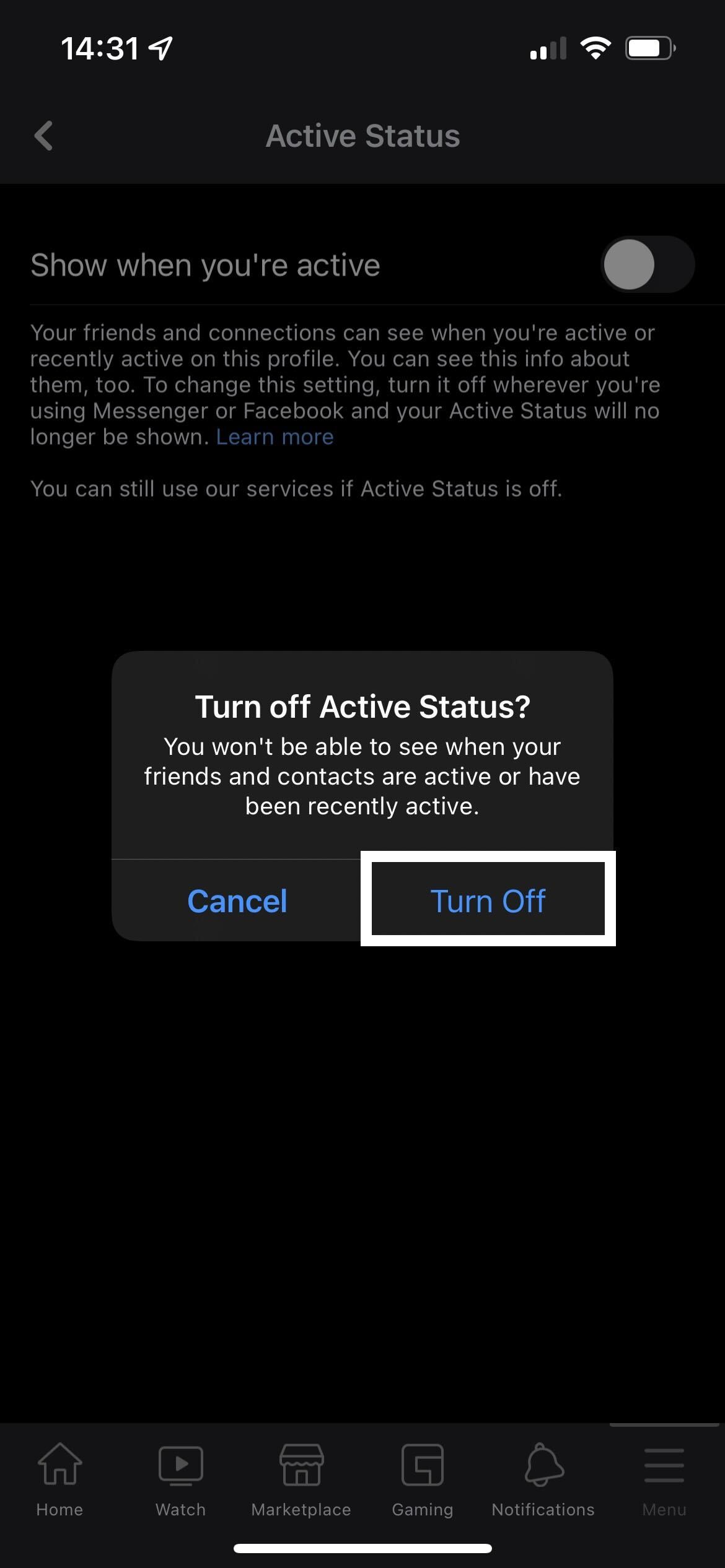 The turn of active status button on facebook