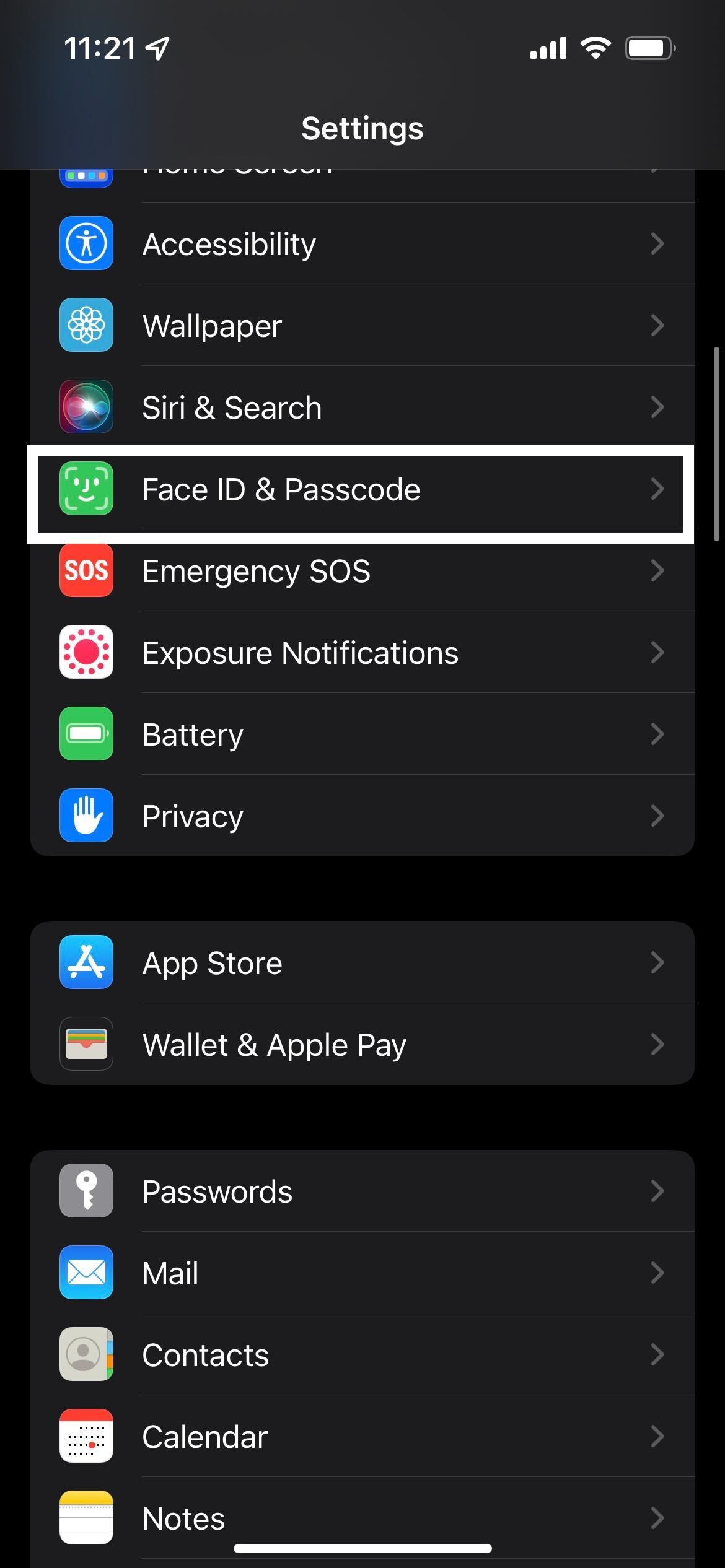 The Face ID passcode option in iOS settings