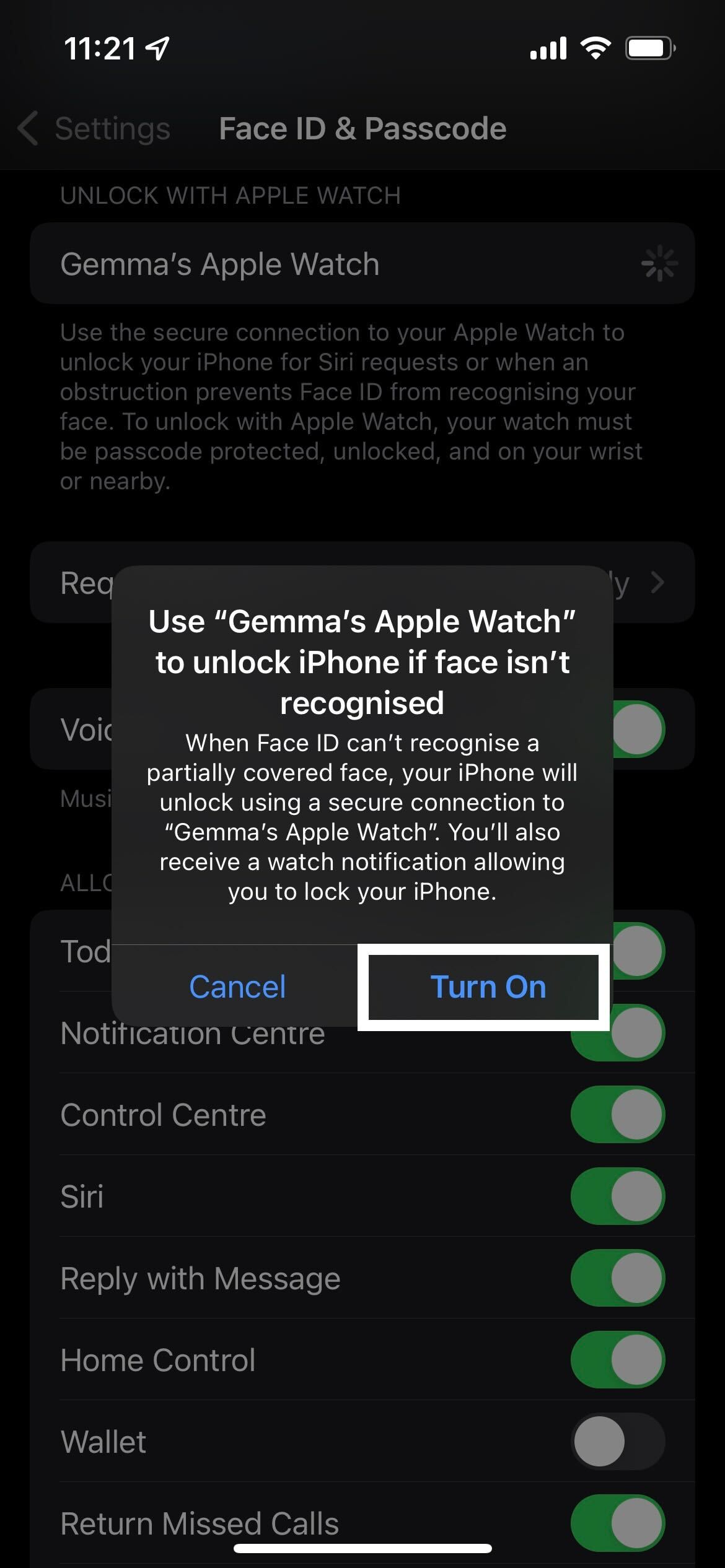 Turn on unlock with Apple Watch button in iOS